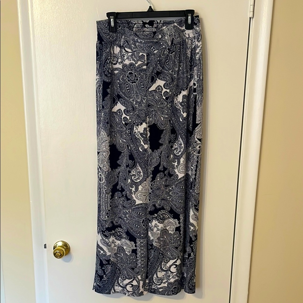 Carmen Marc Valvo Navy Blue, Silver and White Paisley Maxi Skirt, medium